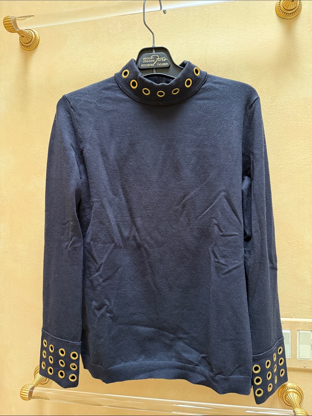 Tory Burch Navy Turtleneck Sweater with Gold Grommet Trim